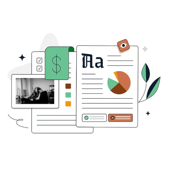 Illustration of a modern agency environment featuring a dashboard interface, data charts, and digital tools, representing efficient project and brand management.