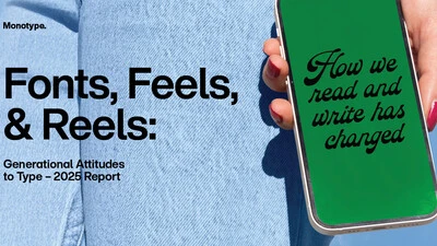 Monotype 2025 report banner showing a hand holding a phone with the text “How we read and write has changed,” alongside report title and a “Learn more” button.