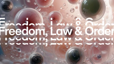 Freedom, Law & Order image with ethereal spheres and white text reverberating that says: "Freedom, Law & Order"