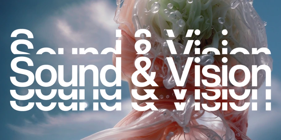 Background image: blue sky with clouds and soft AI image with water droplets. Text: "Sound & Vision" in white reverberating. 