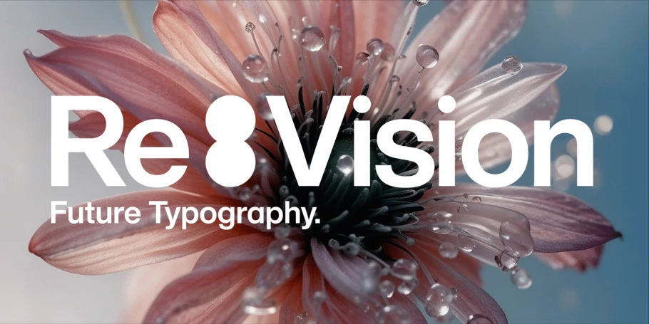 Pink flower with blue background. White text: "Re:Vision, Future Typography." Colon is in the shape of a vertical venn diagram in all white.